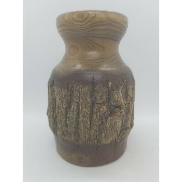 Hand Crafted Lathe Turned Mesquite Wood Vessel with Natural Bark Artist Signed - Picture 4 of 10